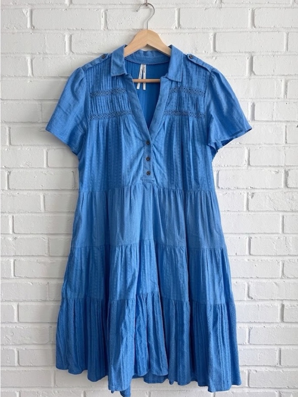 Anthropologie Lace Pintucked Tiered Tunic Mini Dress Blue Small